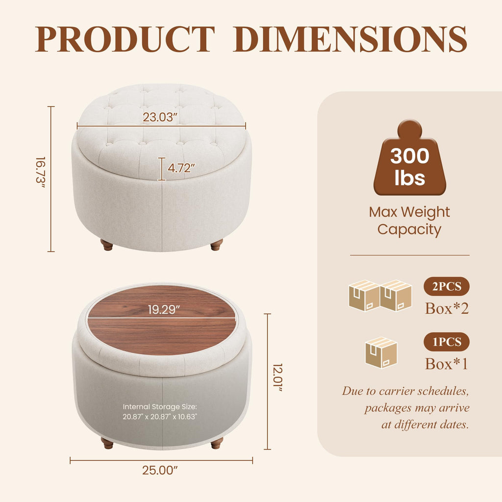 25" Round Ottoman with Storage, Small Coffee Table with Reversible Tray Lid