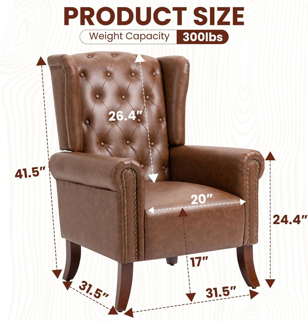 PU Leather Accent Chair Set of 2, Modern Upholstered Living Room Chair Sofa Chair with Wooden Legs, Wingback Armchair