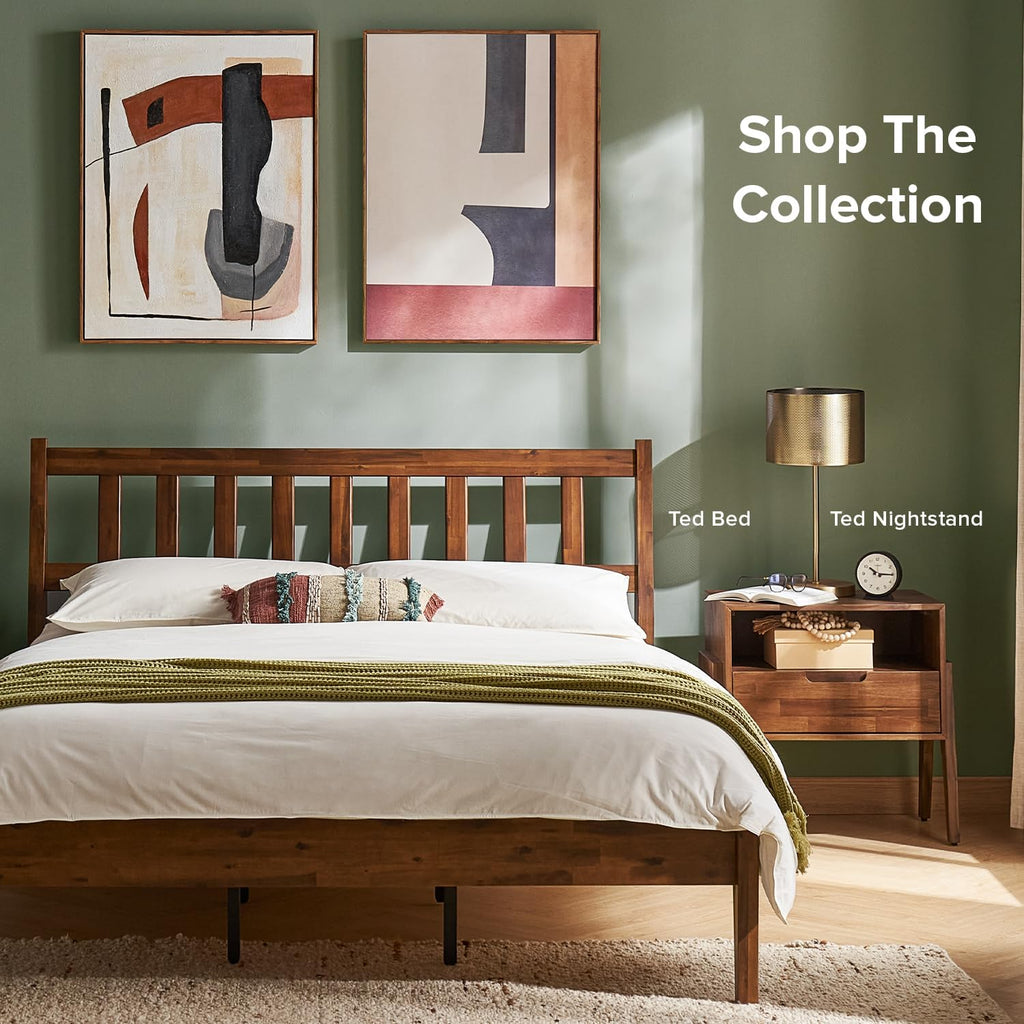 Ted Bed Frame with Headboard, Mid Century Modern Acacia Solid Wood Platform Bed Frame, Wooden Slats, No Box Spring