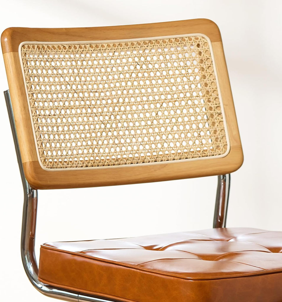 Rattan Dining Chairs Set of 2, Faux Leather Mid Century Modern Dining Room Chairs, Mesh Back Cane Kitchen Chair