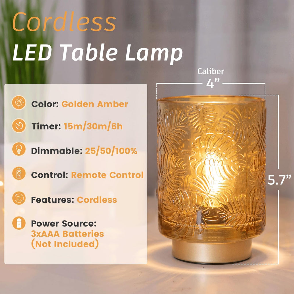 Battery Operated Small Cordless Table Lamps with Remote Control, Dimmable Brightness Wireless Lamp with Timer, Glass