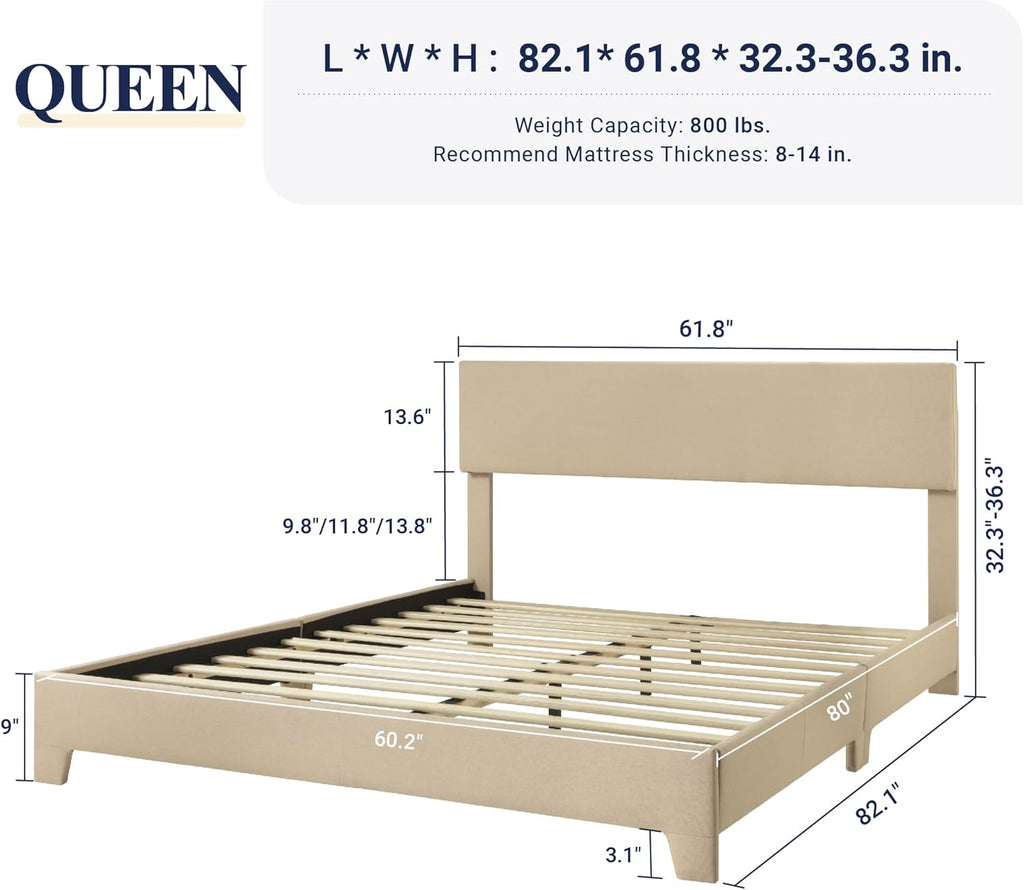 Queen Bed Frame with Adjustable Headboard, Upholstered Platform Bed with Wood Slats, Heavy Duty Mattress Foundation