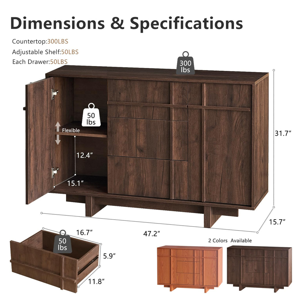 47.2" Buffet Cabinet with Storage, Skeleton Line Design, Walnut