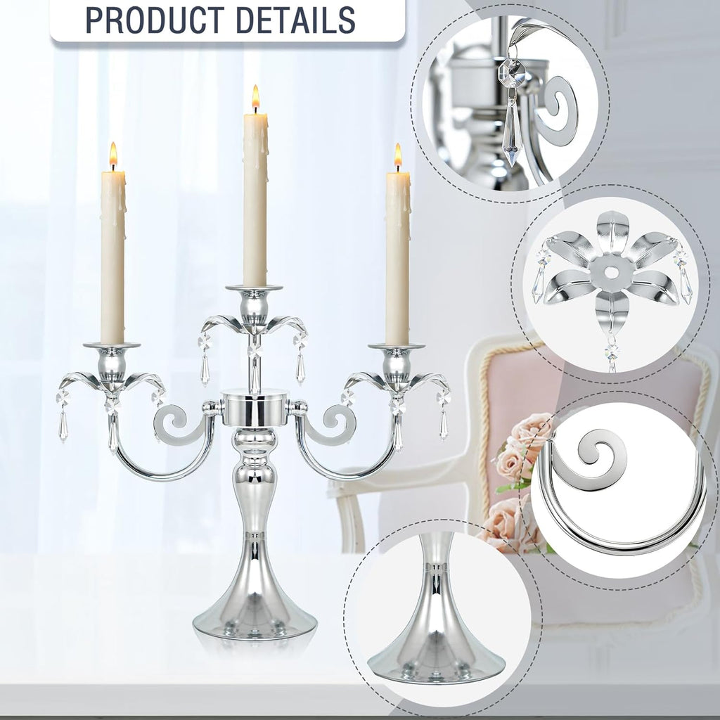 Metal 3 Arm Candelabra with Crystal Pendants - 11.8 Inch Tall Candle Holders, Set of 2 - Elegant Taper Candlestick