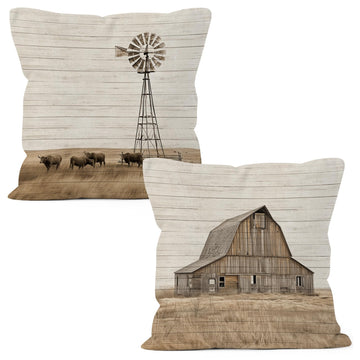 Farmhouse Windmill Barn Cow Gifts Throw Pillow Covers 18x18 Set of 2, Rustic Country Decor Pillow Cases Living Room