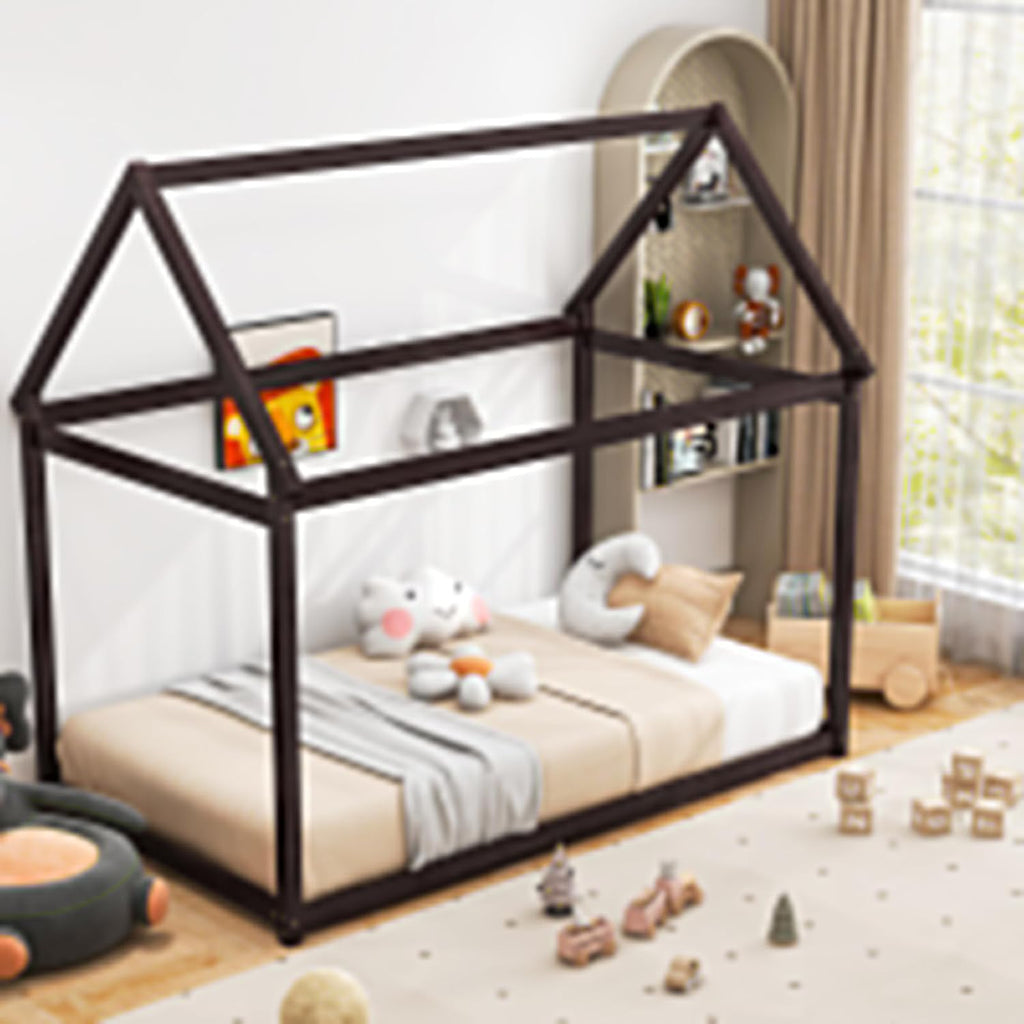 Twin Montessori Bed Frame with House Roof Canopy, Low Floor Bed with Sturdy Wood Slat Support, No Box Spring Needed