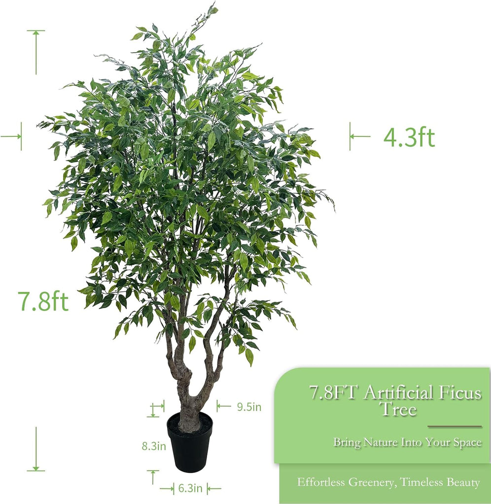 8FT Artificial Ficus Tree - Lifelike Faux Indoor Tree with Natural Trunk, Large Fake Plant & Commercial Interior Decor
