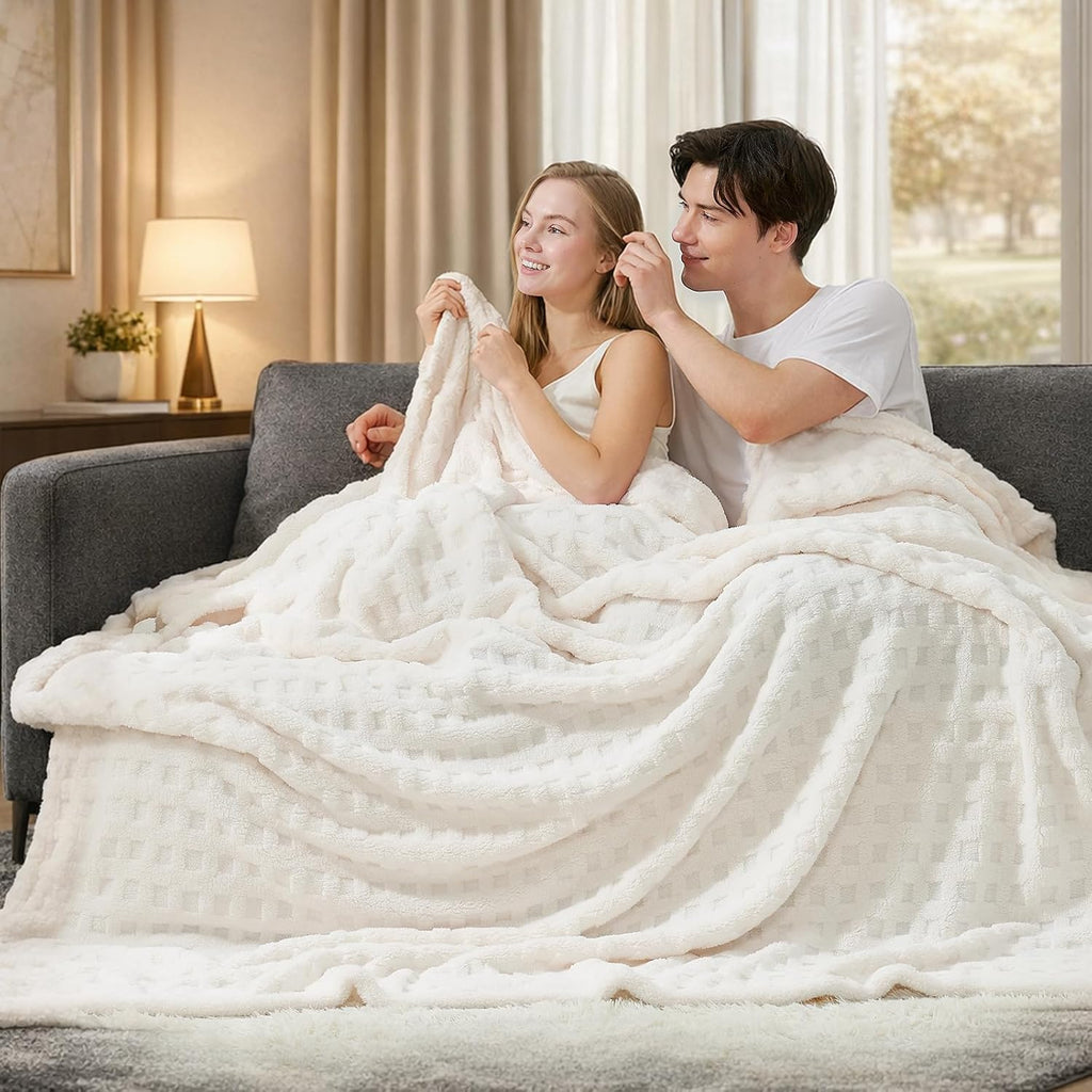 Ultrasoft Waffle Throw Blanket, Fluffy Cute Plush Blanket, Modern Home Accent, Portable for Picnic or Outdoor, Ivory