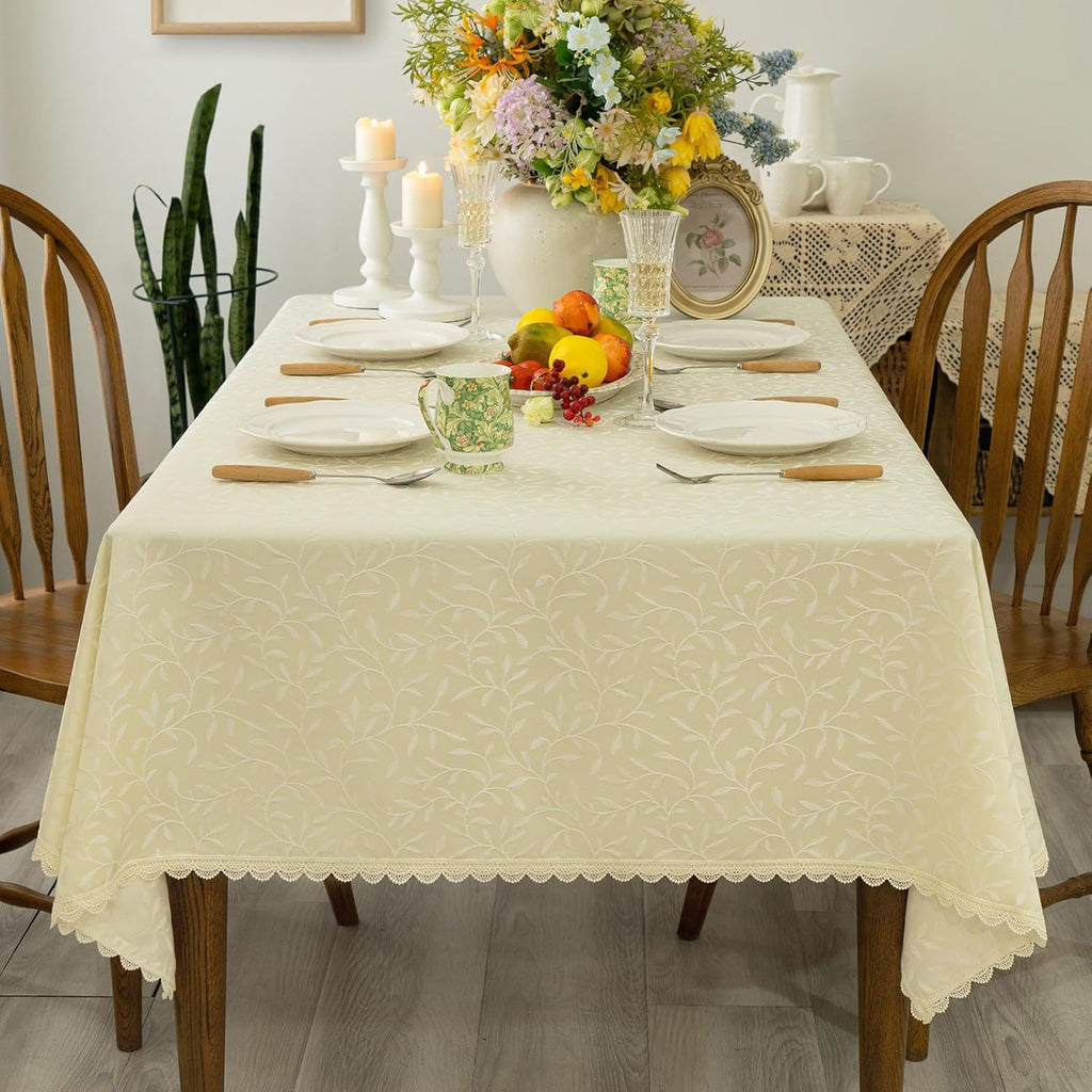 Textured Tablecloth Waterproof Spillproof Lace Trim Rectangle Jacquard Fabric Table Cloth, Kitchen D