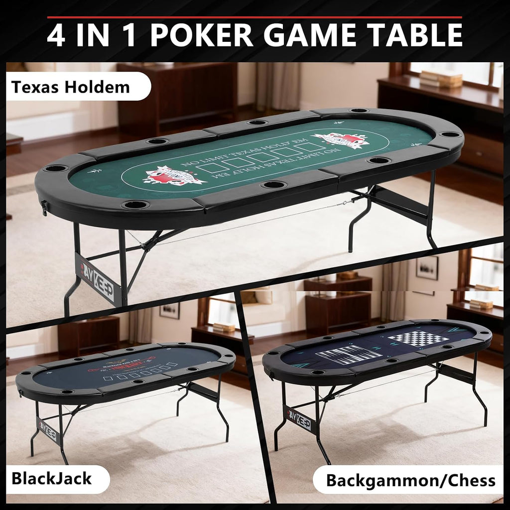 4-in-1 Poker Table Foldable, 8 Player Folding Poker Table w/Interchangeable Texas Holdem/Blackjack Game Mat & Built-in Chess/Backgammon Board, Portable Game Table for Home Party（72inch