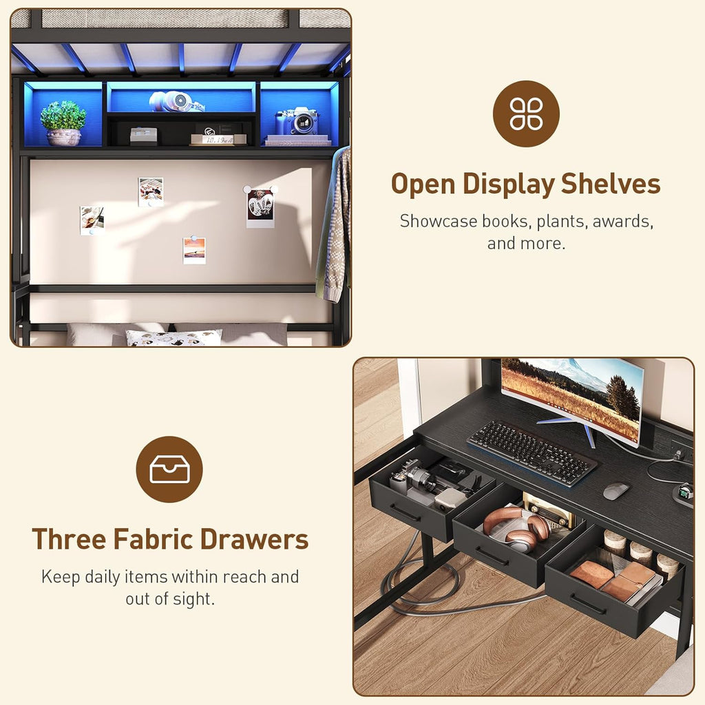 Twin Over Twin Bunk Bed with Desk with 3 Drawers & Storage Shelves, Twin Bunk Bed with Charging Station & LED Lights