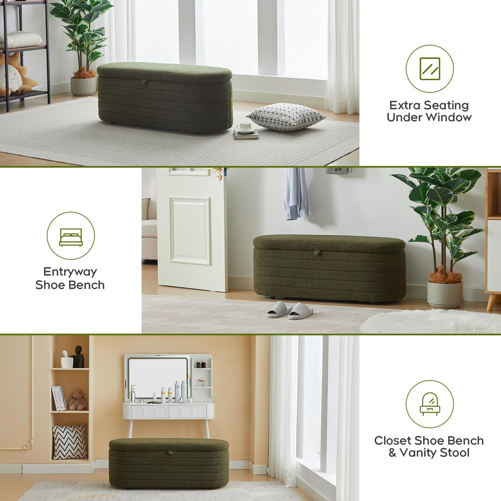 Storage Ottoman Bench End of Bed ,45 inch Boucle Upholstered Entryway Shoe Seat Bench w/ Storage,Sherpa Modern Cute