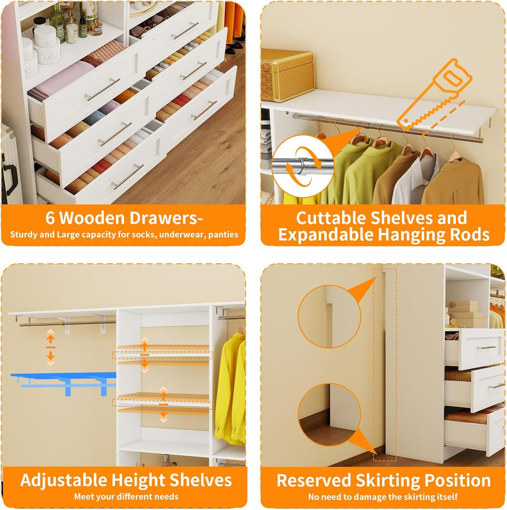 Closet System with 6 Wood Drawers, 6-12FT Closet Organizer System with Cuttable Shelves for Walk in Closet with 6
