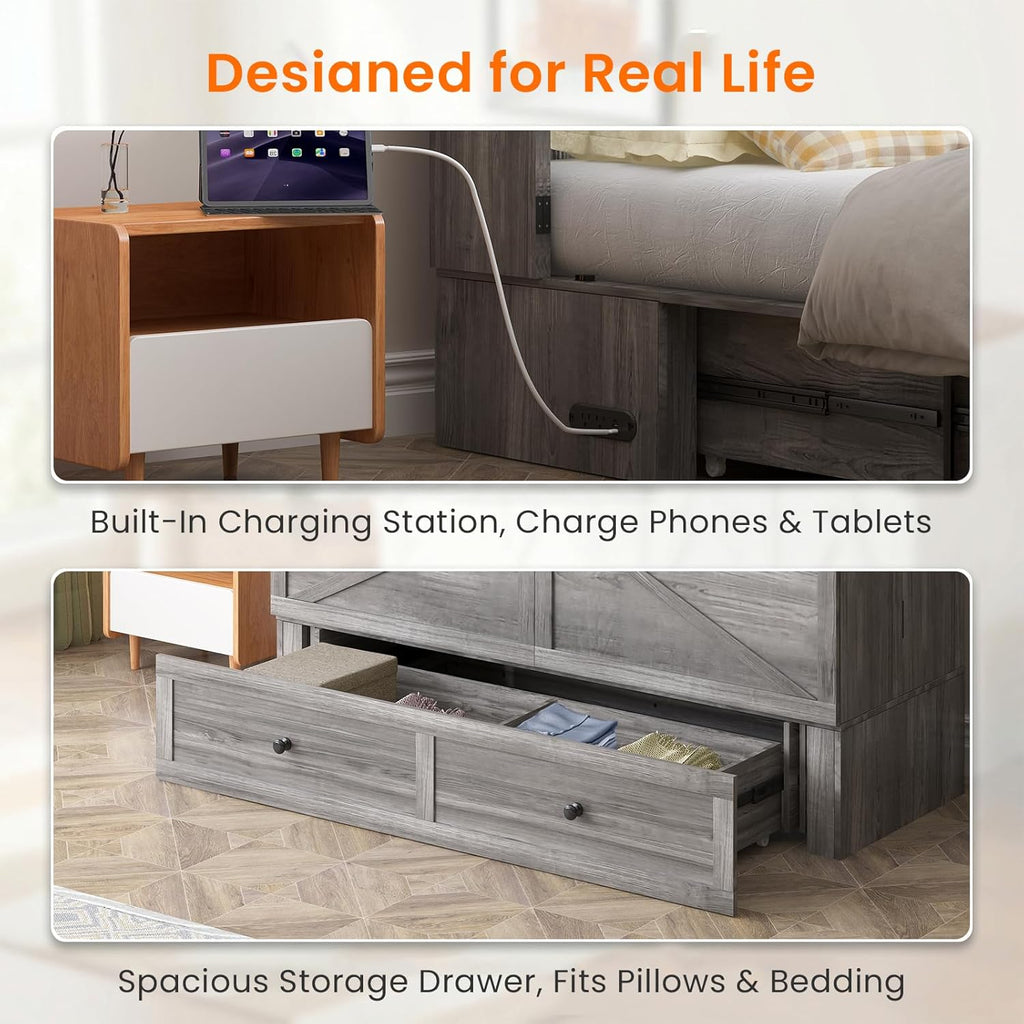 Full Murphy Bed with Tri-Folding Mattress，Murphy Bed Full with Charging Station and Storage Drawers for Small