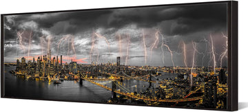 New York City Skyline Lightning Night View Canvas Prints with Black Floater Frame 20x55 Inch Wide Panoramic Wall Art