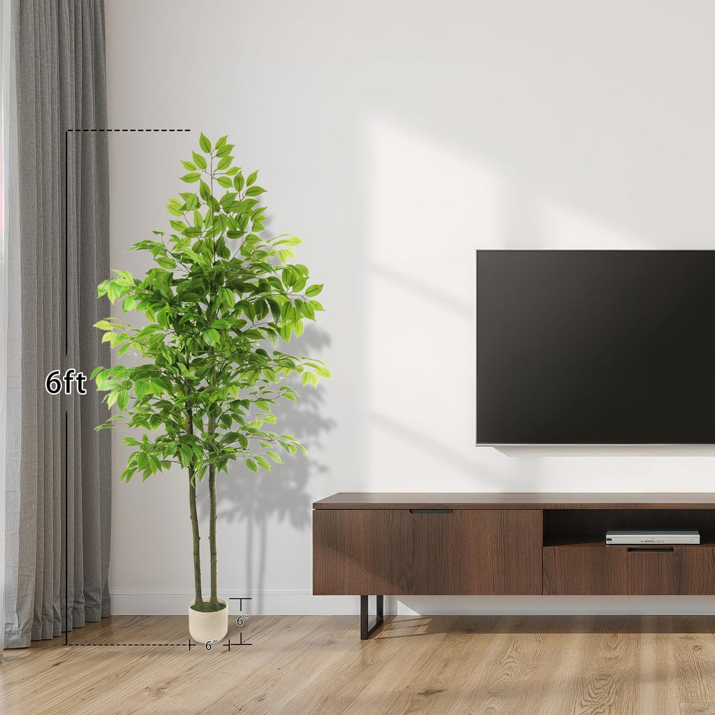 Artificial Ficus Tree 6FT Tall, Artificial Plants Indoor with White Planter Faux Ficus Tree Realistic Faux Silk Plant