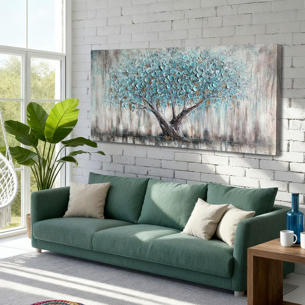 Tree Wall Art Canvas Blue Tree of Life Nature Teal Abstract Painting, Textured Picture Modern Panoramic Landscape