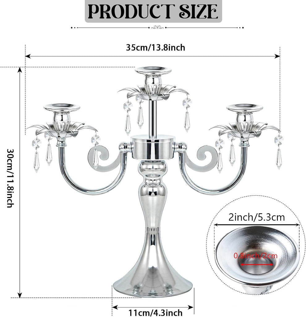 Metal 3 Arm Candelabra with Crystal Pendants - 11.8 Inch Tall Candle Holders, Set of 2 - Elegant Taper Candlestick