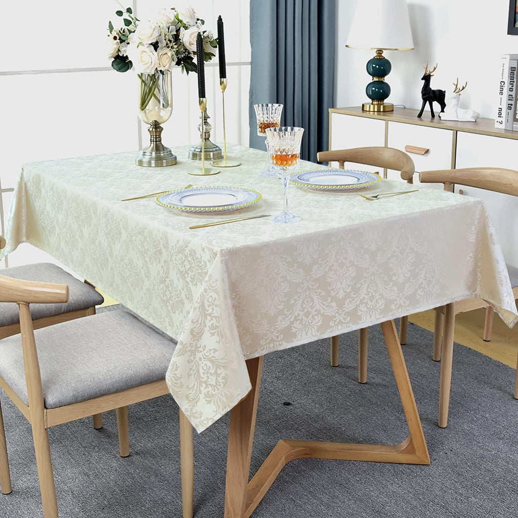Rectangle Tablecloth - 60 x 120 Inch Beige Cream Damask Table Cloth Jacquard Design Spill Proof Wrin
