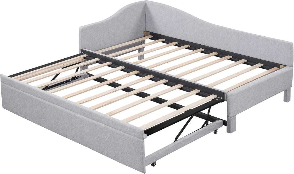 Twin Size Daybed with Pop up Trundle,Linen Upholstered Day Bed Frame with Wood Slats,Extendable Trundle Bed,Twin to