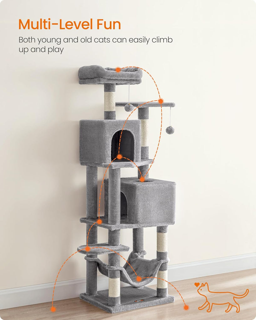 Cat Tree, 59.5-Inch Tall Cat Tower, Plush Multi-Level Condo with 5 Scratching Posts, 2 Perches, 2 Caves, Hammock