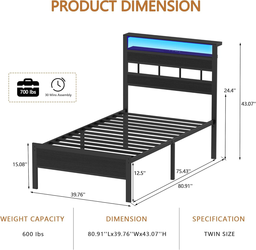 Twin Bed Frames with Charging Station and LED Lights, Twin Platform Bed with Metal Slats