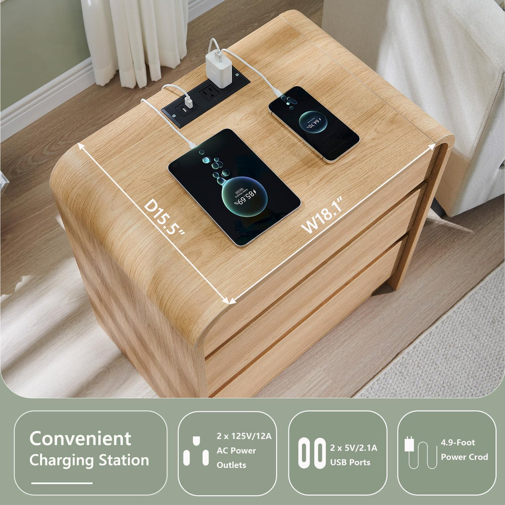 25" Tall Modern Nightstand with Charging Station, 23.6'' Wide Wood Bedside Table w/3 Storage Drawers, Small Dresser