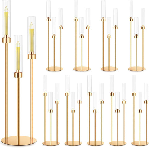10 Set 3 Arm Candelabra Centerpiece 33.8 Inch Candle Holder Gold Candelabra Metal Floor Pillar Candlesticks for