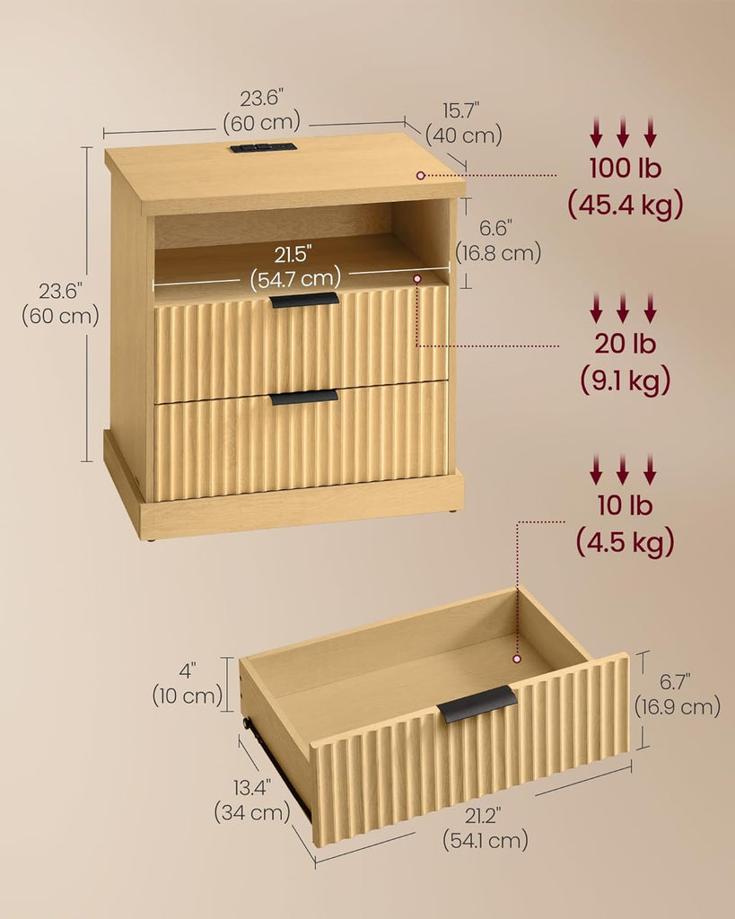 Nightstand with Charging Station, Fluted Night Stand, Bedside Table, Mid Century Modern Side End Table
