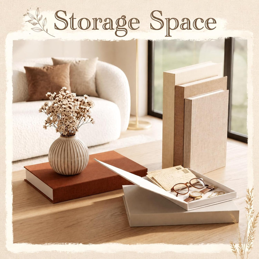 Set of 6 Decorative Books Decor, Aesthetic Linen Faux Books with Storage Box Stackable Fake Book for Coffee Table