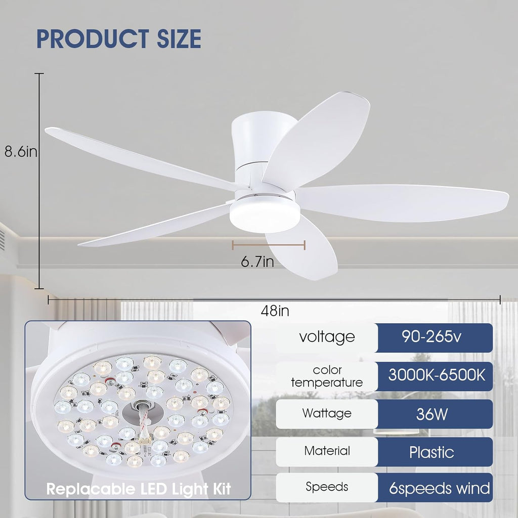 48" Ceiling Fans with Lights-Low Profile Ceiling Fan with Light and Remote/APP Control,Flush Mount,DC Reversible,LED Dimmable Modern Ceiling Fans for Bedroom,Indoor/Outdoor Patio Use(White)