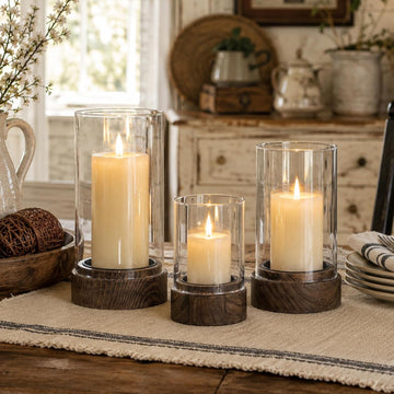 Hurricane Glass Candle Holder : Set of 3 Rustic Brown Candle Holders for Pillar Candles, Vintage Decorative Wood
