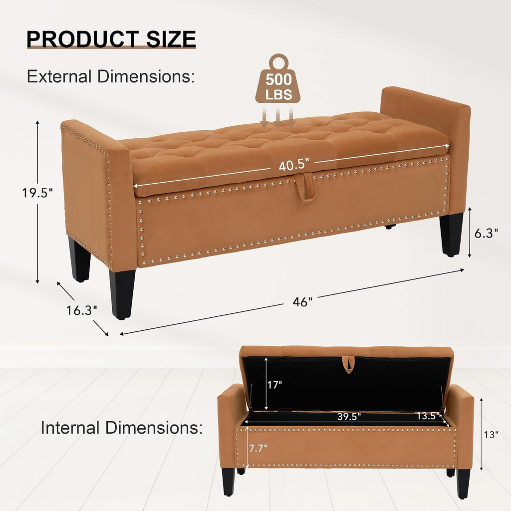 Velvet Ottoman with Storage, 46'' Upholstered Button Tufted End of Bed Bench with Arms, Modern Storage Bench , Orange