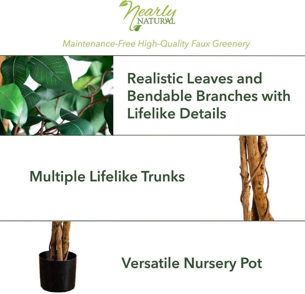 4 ft Artificial Triple Trunk Ficus Tree with Pot | Natural Wood Trunks, Silk Tree with Dense Foliage, Mid-Size Faux