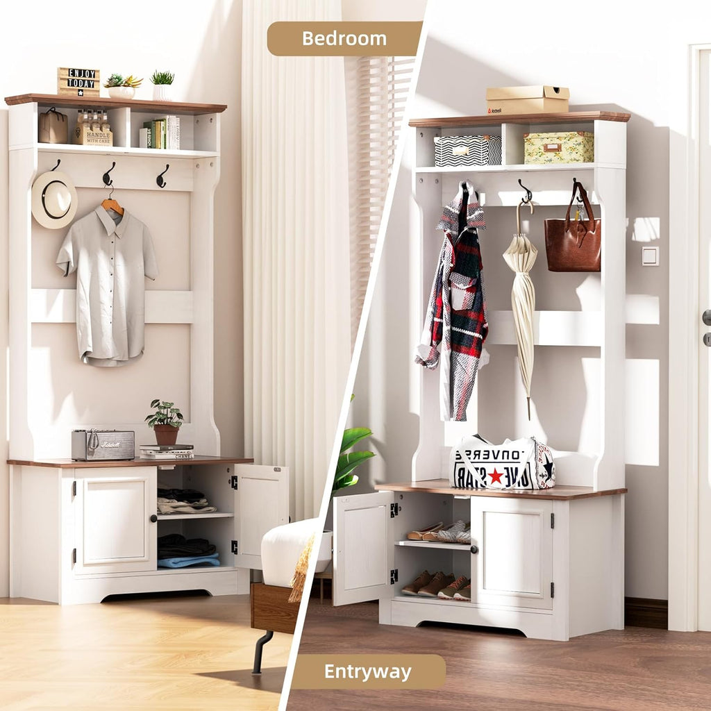 Hall Tree with Shoe Rack, 5-in-1 Farmhouse Coat Rack with Shoe Bench, Standing Shoe Storage with 3 Hooks for Front