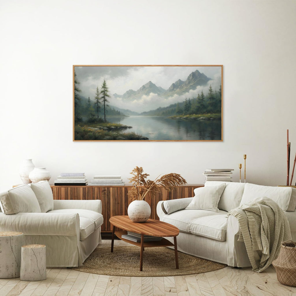 Large Green Forest Framed Canvas Wall Art, Misty Mountain Lake Wall Decor, Modern Foggy Wood Landscape Artwork