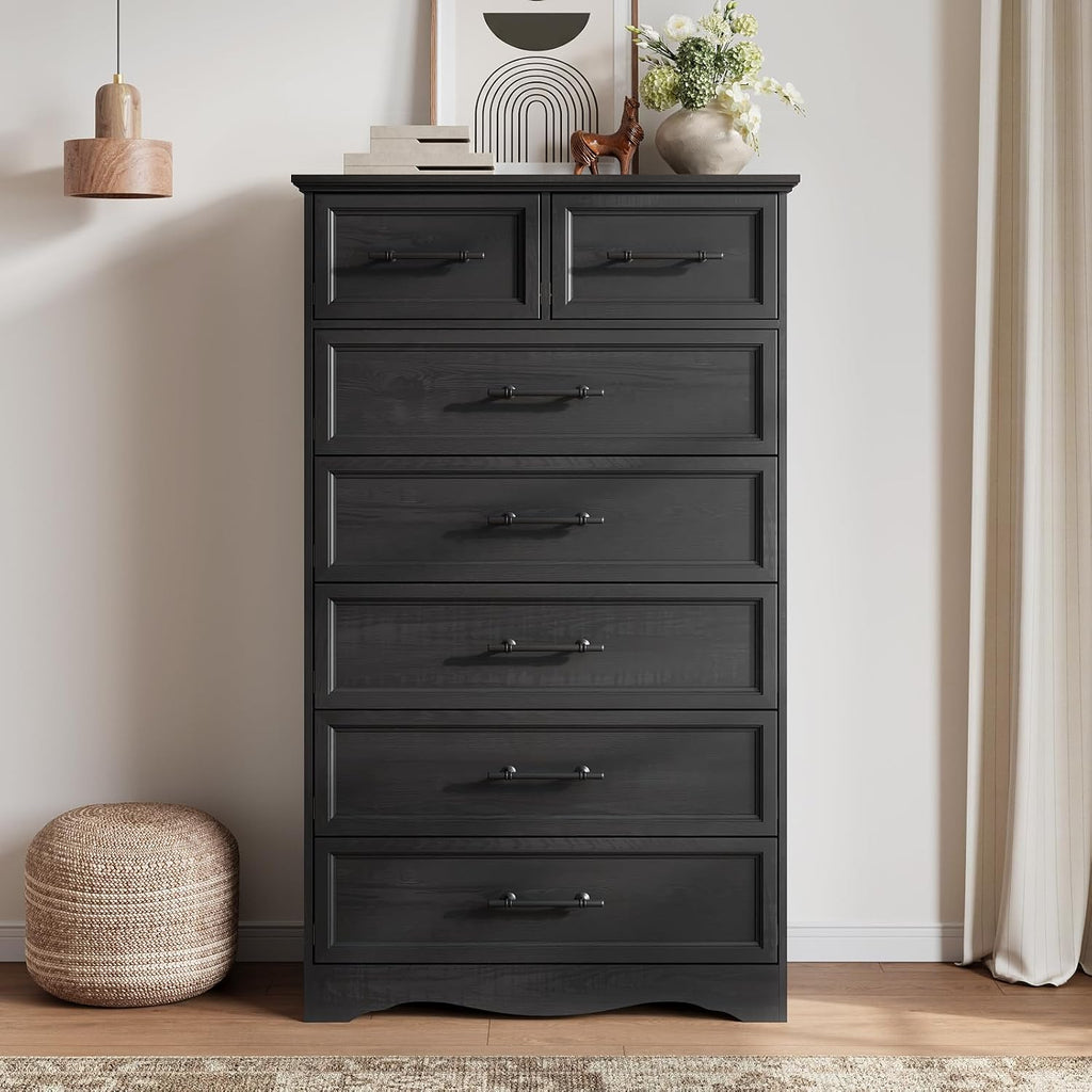 Black 7 Drawer Dresser , 52" Tall Chest of Drawers | Brushed Metal Handles, Unique Base Design, Replicated Wood Grain