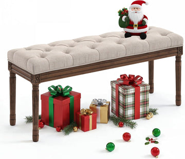 44" Bedroom Bench, Fabric End of Bed Bench, Upholstered French Tufted Ottoman Bench with Carved Dark Brown Wood Legs