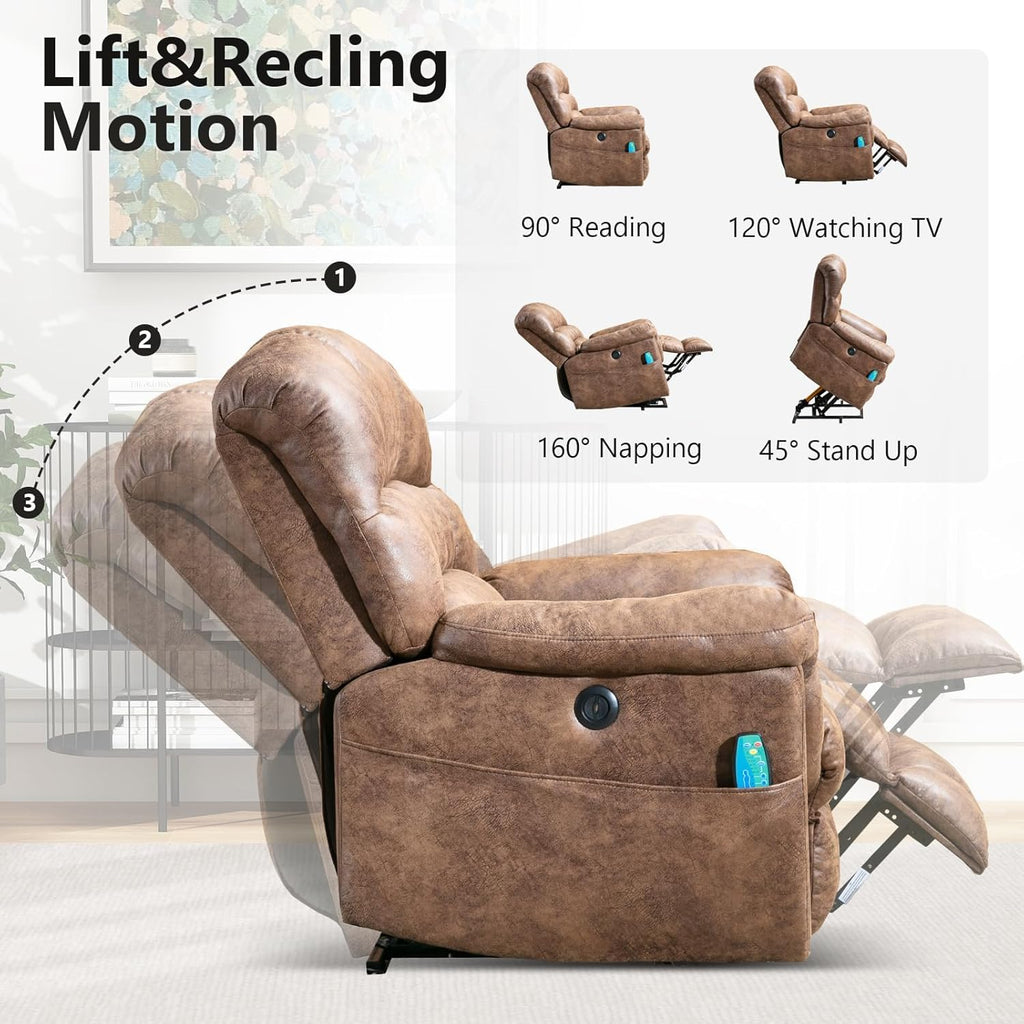 Oversized Power Lift Recliner with Massage and Heat for Elderly, Faux Leather Electric Lifting Reclining Chair with