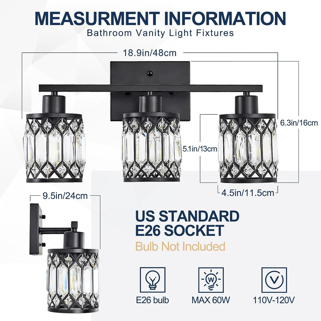 Crystal Modern Bathroom Light Fixtures, 3-Light Black Bathroom Vanity Wall Light, Vanity Lights for Mirror, Restroom
