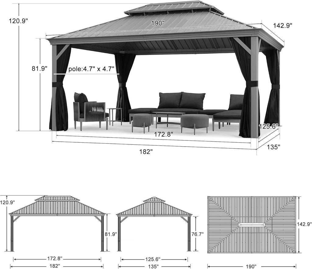 12' x 16' Hardtop Aluminum Gazebo with Double Metal Roof Heavy Duty Permanent Gazebo All Weather Outdoor Pavilion