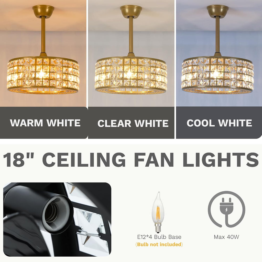 18" Crystal Caged Ceiling Fan with Light, Modern Industrial Chandelier with Remote, 3 Speed & 3 Color Temperatures