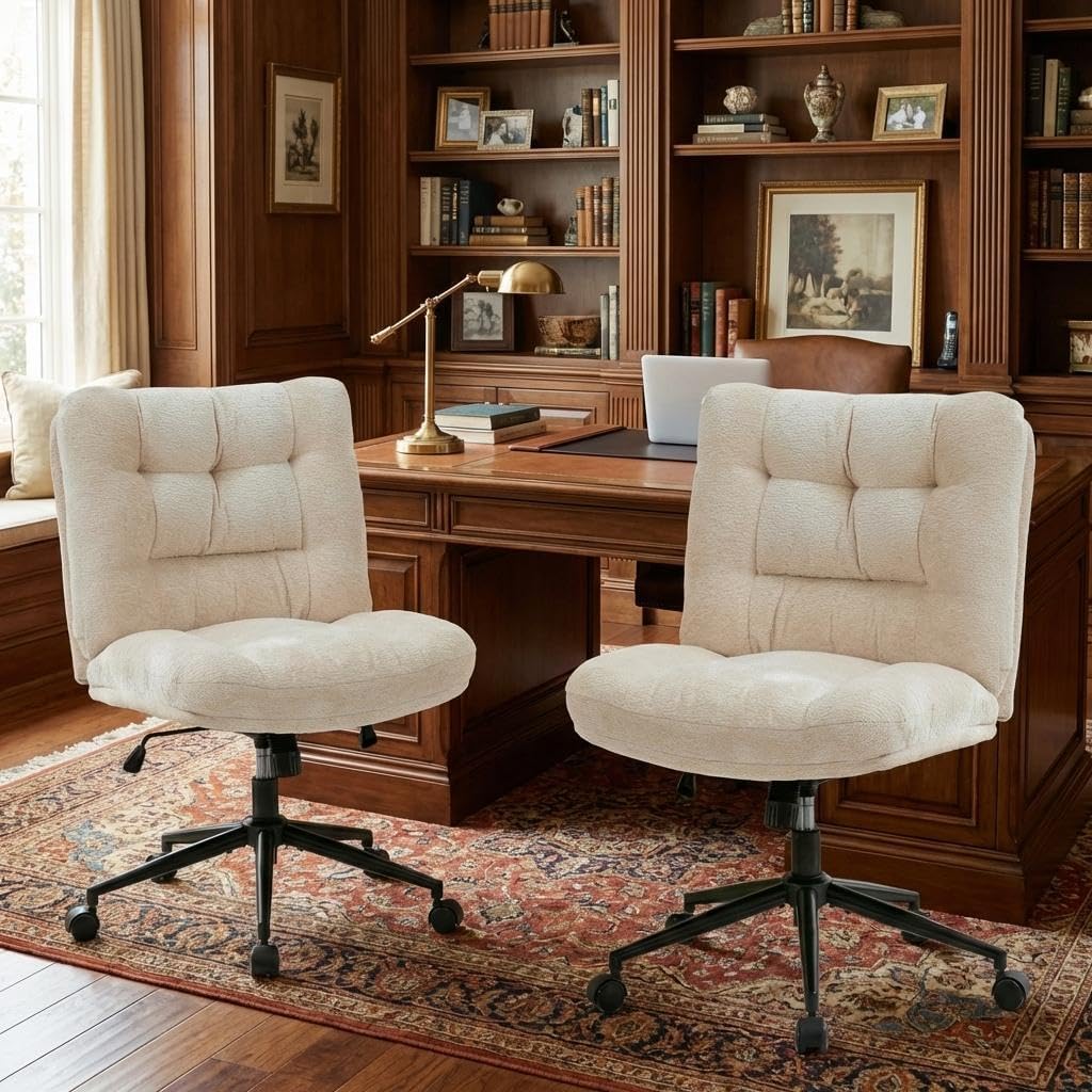 Home with Wheels, Armless Vanity Desk Chair in Soft Chenille Fabric, Double Cushion Wide Seat, Swivel Height