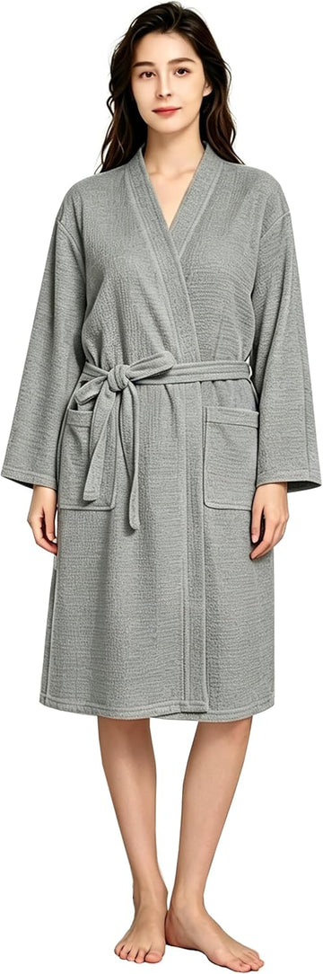 Waffle Robes for Women Knit Cotton Soft Spa Bathrobe | Lightweight Loungewear, Knee Length with Pockets, V Neck