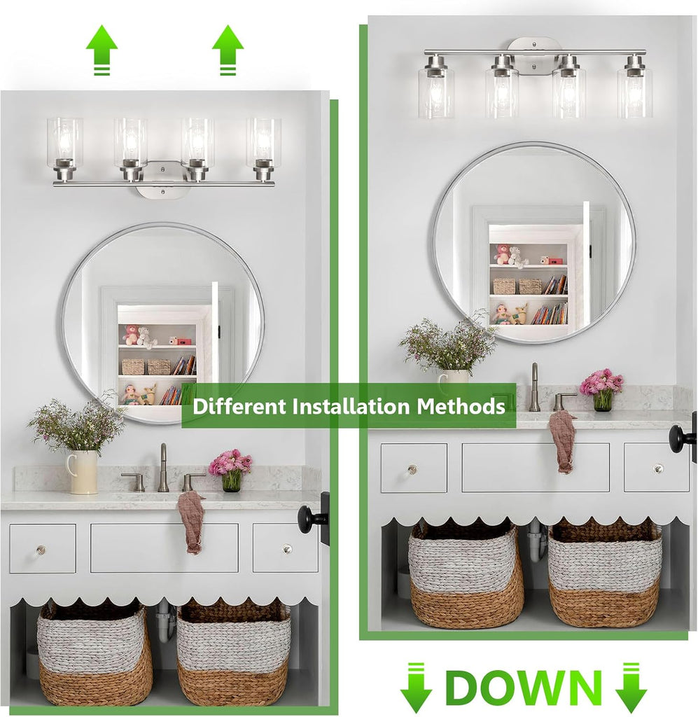 4-Light Bathroom Light Fixtures, Modern Vanity Lights with Clear Glass Shade, Brushed Nickel Wall Lamp Mirror Hallway