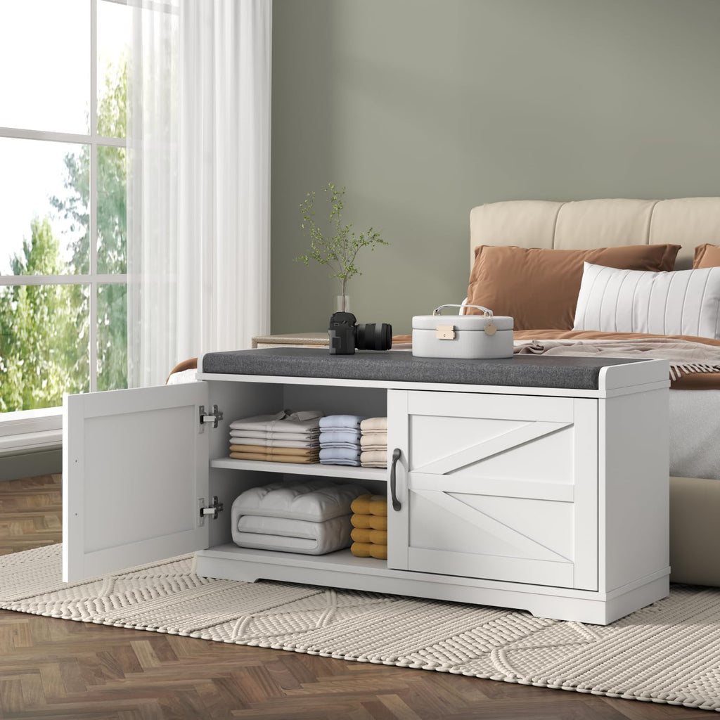 Shoe Storage Bench, 2-Tier Farmhouse Entryway Bench with Padded Seat Cushion, 13.78" D x 39.37" W x 19.69" H, Slim