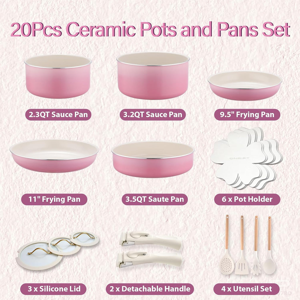 20pcs Ceramic Cookware Set Nonstick, Detachable Handle Pots and Pans Set, Non Toxic,No PFAS & PTFE & PFOA