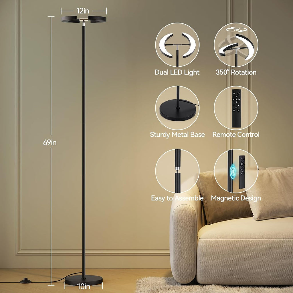 Floor Lamps, 28W/1600LM Bright LED Floor Lamp with Remote & 2 Rotatable Lights, 74" Dimmable Tall Standing Lamp
