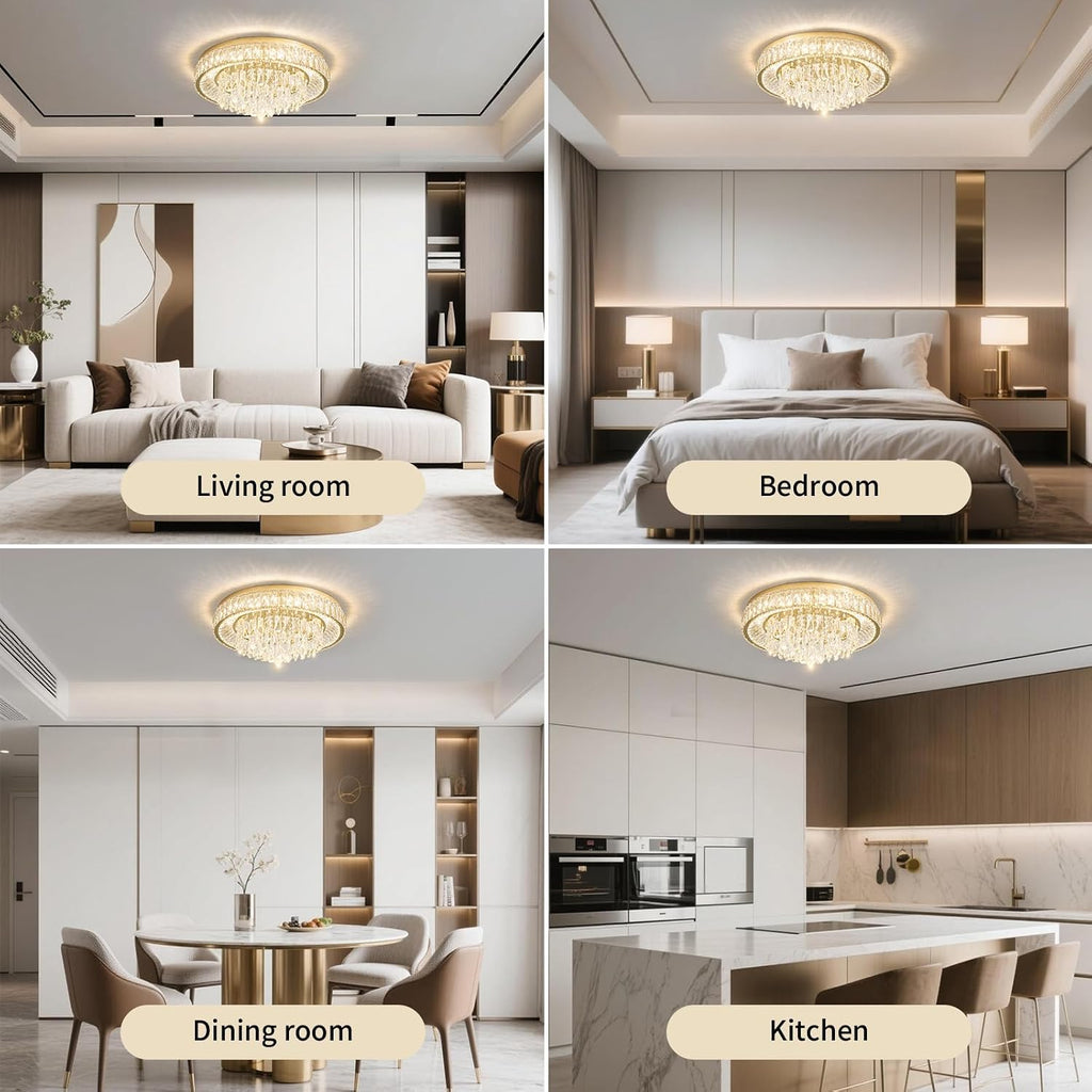 Modern LED Gold Crystal Chandelier: Flush Mount Crystals Ceiling Light With Remote - 24" Round Crystal Chandeliers
