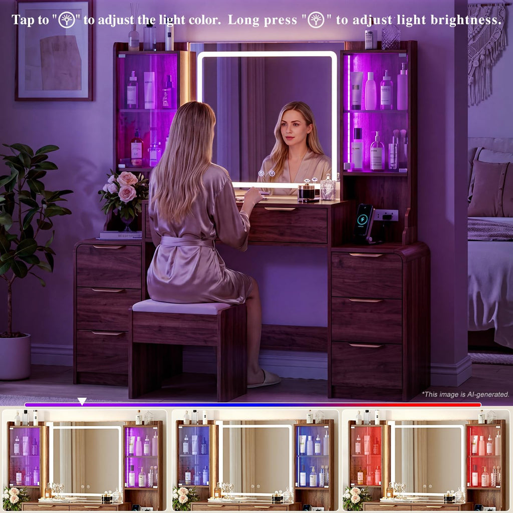 55" Makeup Vanity Desk with Mirror & Lights,Big Vanity Desk with 8 Drawers and Charging Station, Dressing Table with